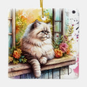 水彩花が咲く窓のペルシャのベージュ猫 セラミックオーナメント (正面)