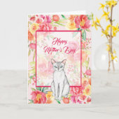 水彩花が咲く、美しい白猫 カード (黄色い花)