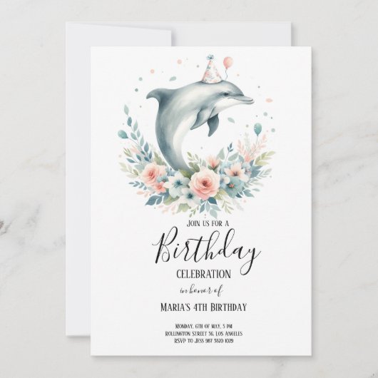 水彩花とイルカ誕生日パーティー 招待状 (正面)
