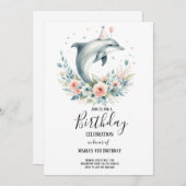 水彩花とイルカ誕生日パーティー 招待状 (正面/裏面)