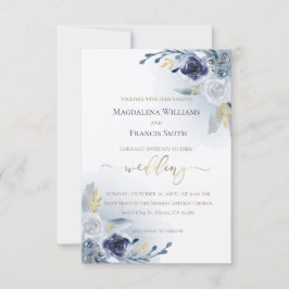 水彩花とゴールドのディテールが美しいウェディング 招待状