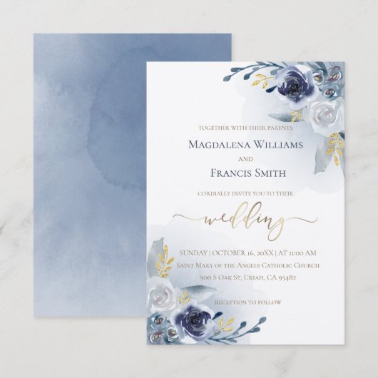 水彩花とゴールドのディテールが美しいウェディング 招待状 (正面/裏面)