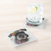 水彩花とシュナウツァーパピー ガラスコースター (アングル)