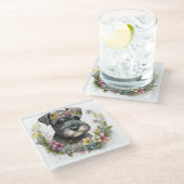 水彩花とシュナウツァーパピー ガラスコースター (アングル)