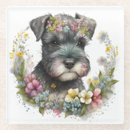 水彩花とシュナウツァーパピー ガラスコースター