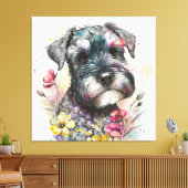 水彩花とシュナウツァーパピー キャンバスプリント (インサイチュ (リビング))