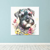 水彩花とシュナウツァーパピー キャンバスプリント (インサイチュ (ウッドフロア))