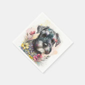 水彩花とシュナウツァーパピー スタンダードカクテルナプキン (角)