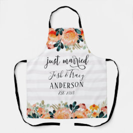 水彩花とストライプのたった今結婚しました エプロン