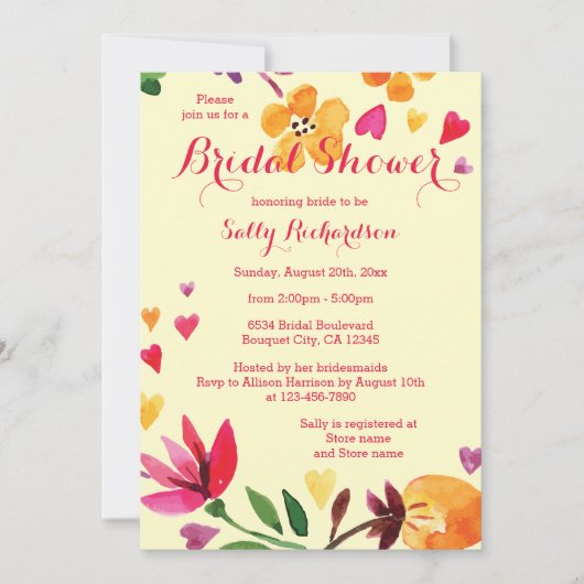 水彩花とハートブライダルシャワー 招待状 (正面)