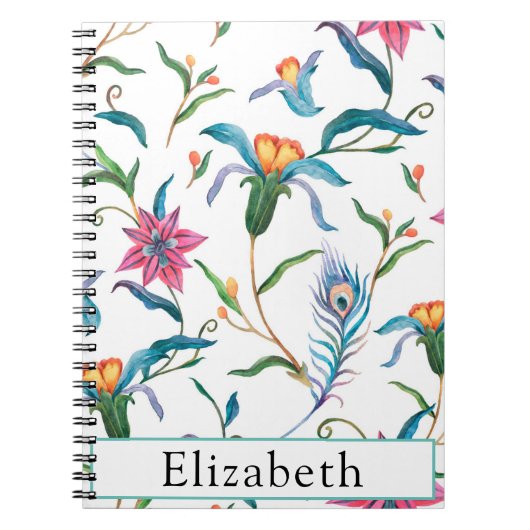 水彩花と孔雀の羽モノグラム ノートブック (正面)