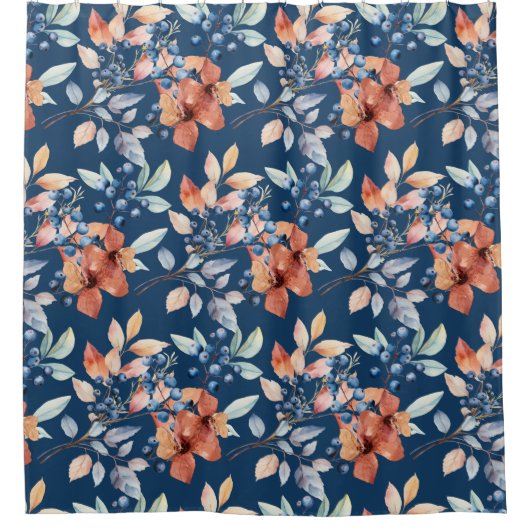 水彩花と果実オンネイビーブルー シャワーカーテン (正面)