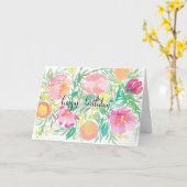 水彩花と桃ハッピーバースデー カード (黄色い花)