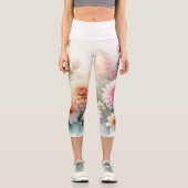 水彩花と海と海のビーチ カプリレギンス (正面)