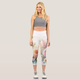 水彩花と海と海のビーチ カプリレギンス