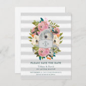 水彩花と灰色のストライプ花の保存日付 案内ポストカード (正面/裏面)