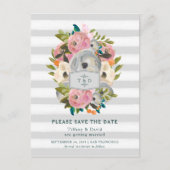 水彩花と灰色のストライプ花の保存日付 案内ポストカード (正面)