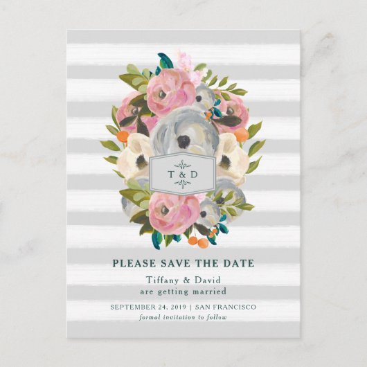 水彩花と灰色のストライプ花の保存日付 案内ポストカード (正面)