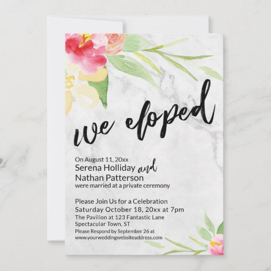 水彩花と灰色の大理石を駆け落ち 招待状 (正面)