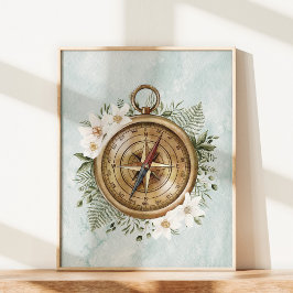 水彩花と緑の離れフローラコンパス ポスター