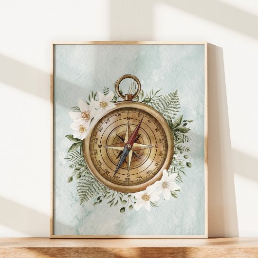 水彩花と緑の離れフローラコンパス ポスター