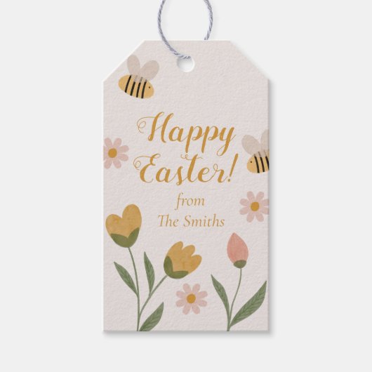 水彩花と蜂の春のイースター ギフトタグ (正面)
