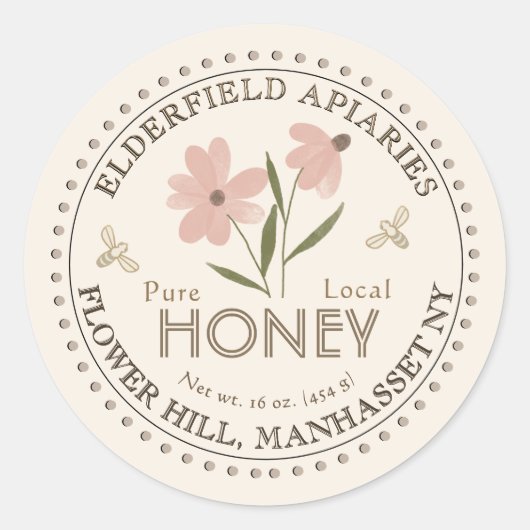 水彩花と蜂の純粋な地元の蜂蜜ラベル ラウンドシール (正面)