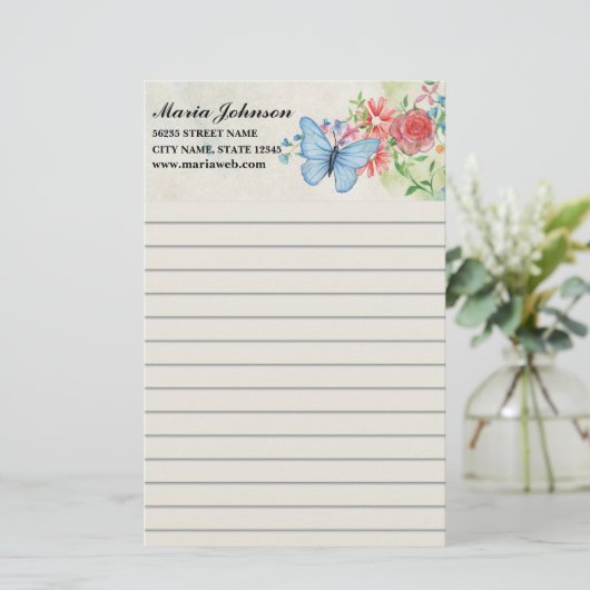 水彩花と蝶のビジネスラインのステーショナリー 便箋 (スタンド正面)