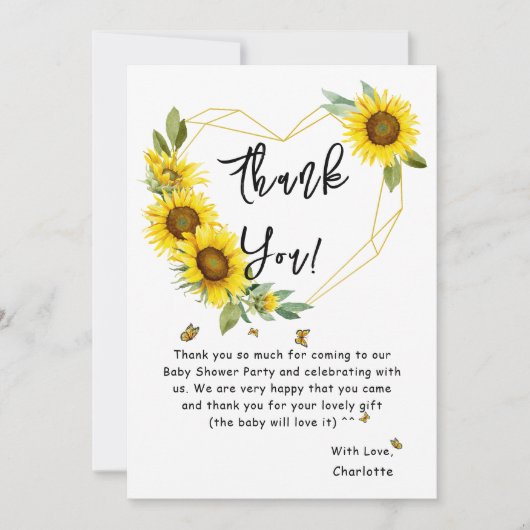 水彩花と蝶の赤ちゃんシャワー サンキューカード (正面)