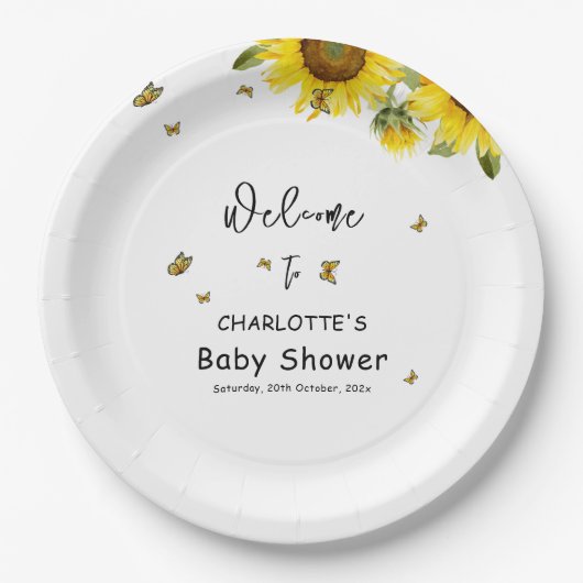水彩花と蝶の赤ちゃんシャワー ペーパープレート (正面)