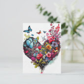 水彩花と蝶カードを持つハート ポストカード (スタンド正面)