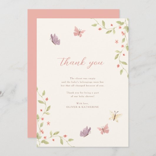 水彩花と蝶ガールベビーシャワー サンキューカード (正面/裏面)