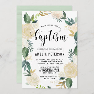 水彩花と金ゴールドグリッターバプテスマ 招待状