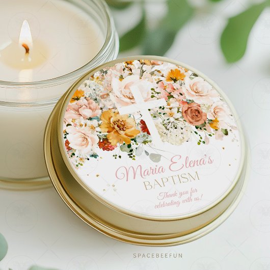 水彩花と金ゴールドバプテスステッカー ラウンドシール