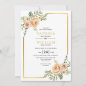 水彩花と金ゴールドフレーム結婚フローラ 招待状 (正面)