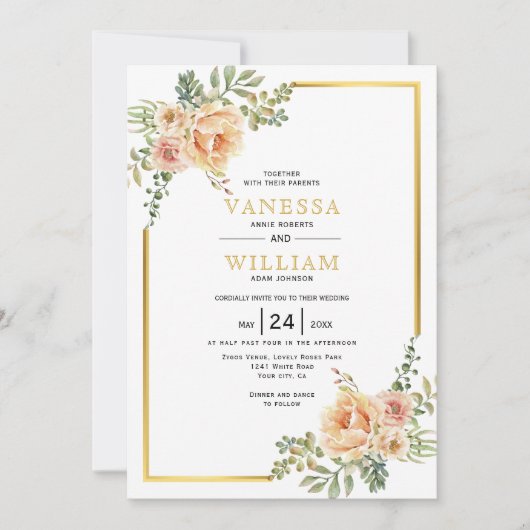 水彩花と金ゴールドフレーム結婚フローラ 招待状 (正面)