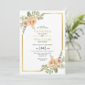 水彩花と金ゴールドフレーム結婚フローラ 招待状 (スタンド正面)