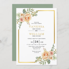 水彩花と金ゴールドフレーム結婚フローラ 招待状