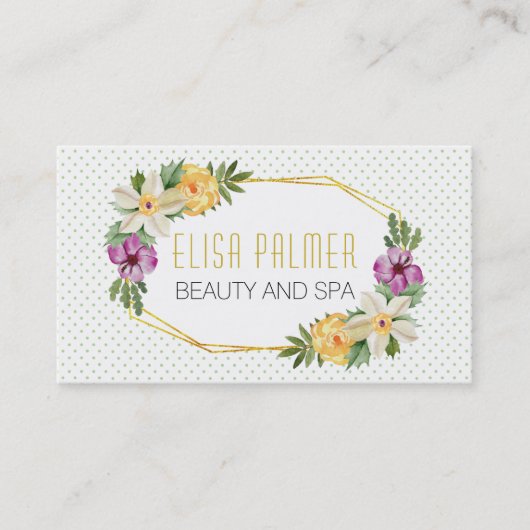 水彩花と金ゴールドポリゴンフローラ 名刺 (正面)