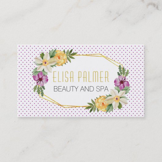 水彩花と金ゴールドポリゴンフローラ 名刺 (正面)