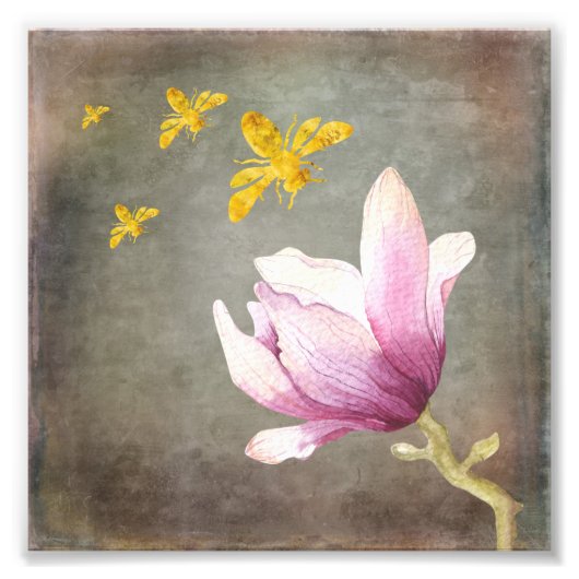 水彩花と金ゴールドミツバチ フォトプリント            (正面)