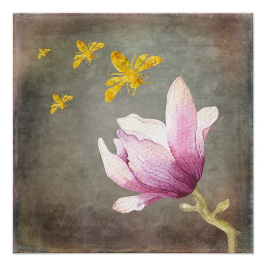 水彩花と金ゴールドミツバチ ポスター (正面)