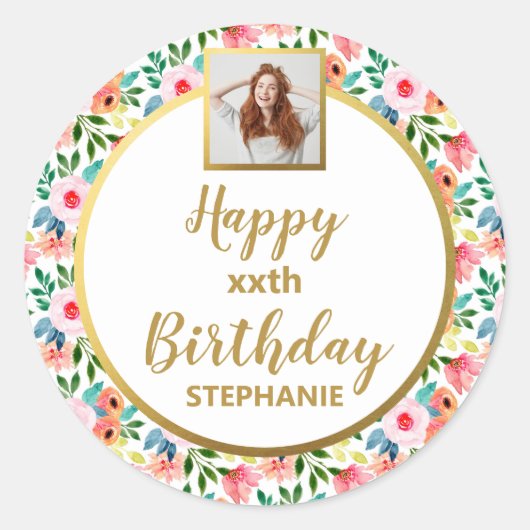 水彩花のカスタムフォト、ハッピーバースデー ラウンドシール (正面)