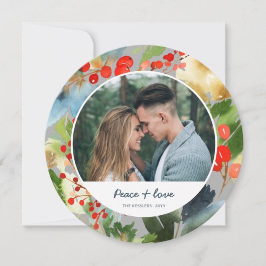 水彩花のクリスマス円形写真 グレー シーズンカード (正面)