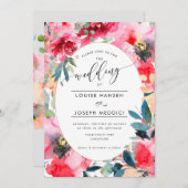 水彩花のサマー ローズ、レッド オンブレ ウェディング 招待状 (正面/裏面)
