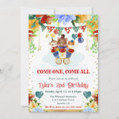 水彩花のサーカス動物の子供の誕生日 招待状 (正面)