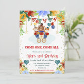 水彩花のサーカス動物の子供の誕生日 招待状 (スタンド正面)