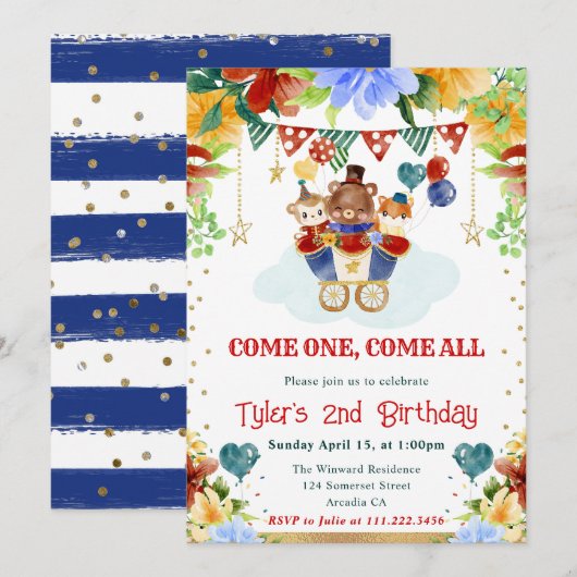 水彩花のサーカス動物の子供の誕生日 招待状 (正面/裏面)