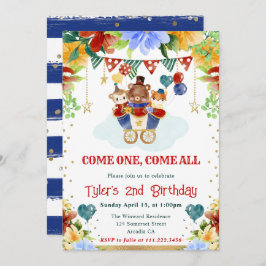 水彩花のサーカス動物の子供の誕生日 招待状