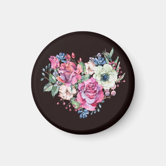 水彩花のハート：ヴィンテージのバラ マグネット (正面)